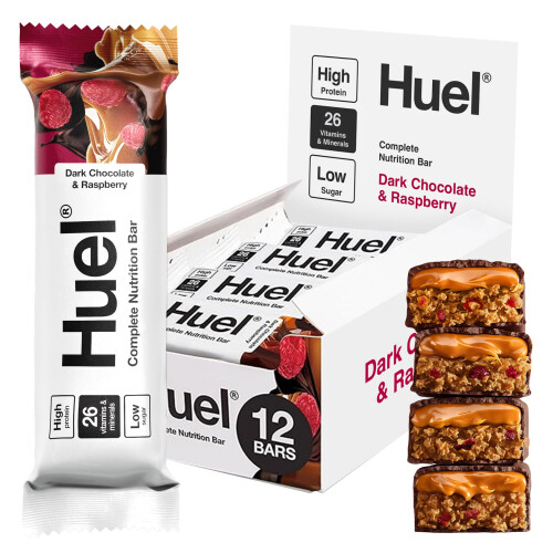 HUEL Huel Complete Nutrition Bar, 12 x 55g Bars, Dark Chocolate Raspberry,