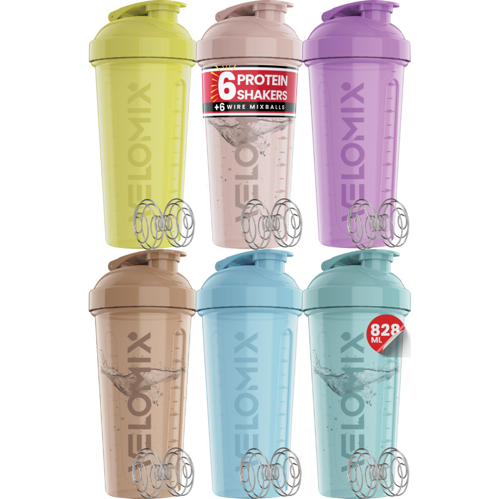 Velomix -6 Pack- 828Ml Protein Shaker Bottle -6X Wire Mixball | Leak
