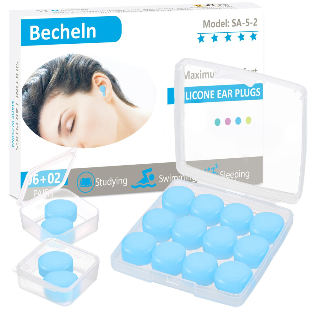 Becheln Ear Plugs For Sleeping, Waterproof Moldable Silicone Earplugs For Sleeping Noise Cancelling, Mowing, Swimming And Concerts, 8 Pair (16 Count)