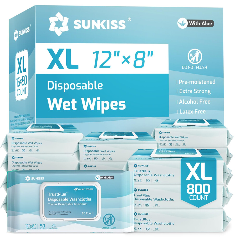 Sunkiss Trustplus Wet Wipes For Adult No Rinse, Extra Large 8ÂX12â Body Cleaning Washcloths For Elderly Incontinence & Cleansing, Fresh Scented, 8