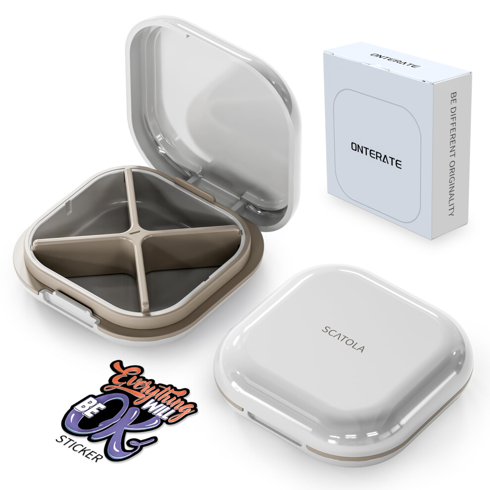 Onterate Small Travel Pill Box, Portable Pill Organizer - 4 Compartment Compact Medicine Holder (Grey)