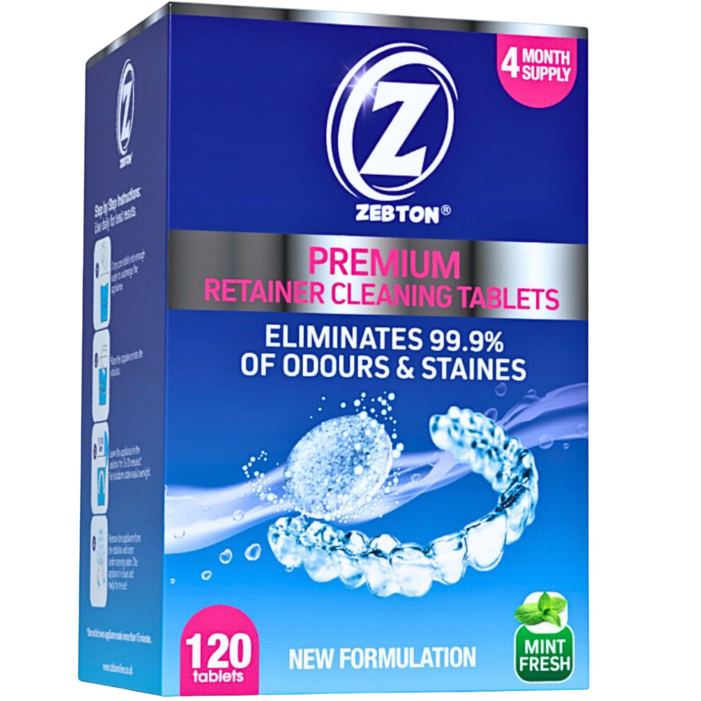 Zebton Retainer Cleaner Tablets - 120 Premium Cleaning Tablets 4 Months Supply - Ideal For Mouth Guard, Denture, Aligner, Brite Retainer