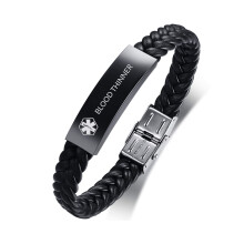 PJ JEWELLERY Blood THINNER - Black Stainless Steel Braided Leather Medical Alert