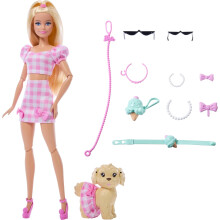 Barbie Twinning Looks Doll with Pet Dog in Matching Pink Gingham Clothes and Accessories for Both Like Sunglasses, Necklaces and Bows, Blonde