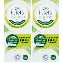 Lil-Lets Organic Non-Applicator Super Plus Tampons, 16 Count (Pack of 2), for Heavy Flow, Made with 100% Organic Cotton, GOTS Certified Vegan Organic