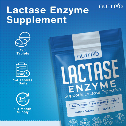 Nutrivo Lactase Tablets | High Strength Lactose Intolerance Tablets 12,500 FCC | 2