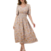 Damen Midi Sommerkleid Ausgestellt Luftig Blumen Beige S — hochzeitskleid gast, leichte damenmode, blumenkleid, sommer boho outfit, a-linien kleid