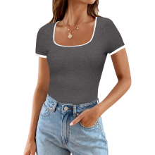 T-shirt femme à manches courtes côtelé casual slim fit gris S — t-shirt femme côtelé, haut femme moulant