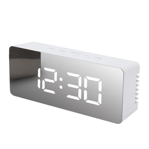 LED Mirror Digital Clock Bedroom Office Travel Electronic Table Clock Desktop Alarm Clock Temperature Function, White