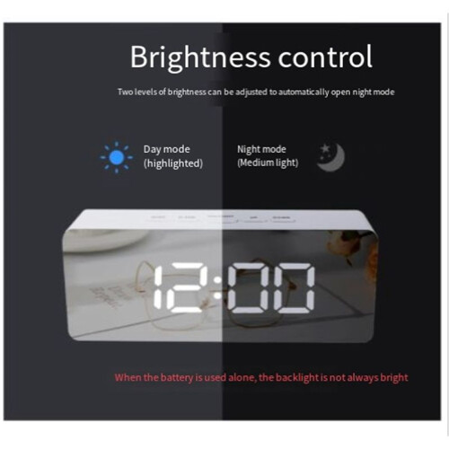 LED Mirror Digital Clock Bedroom Office Travel Electronic Table Clock Desktop Alarm Clock Temperature Function, White 2