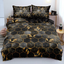Parure de Lit 135x200 cm Noir et Or Motif Marbré 3D Réversible en Microfibre avec Housse de Couette et Taie d'Oreiller