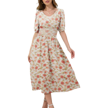 Damen Midi-Kleid Sommer Leichtes Luftiges Lockeres Stylisches Blumen Weiß L — midi kleid weiß, sommerkleid blumen, leichtes kleid