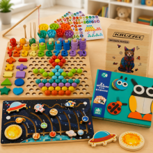Set houten educatieve puzzels – Kattenpuzzel, Uilenpuzzel, Kralenpuzzel, Geometrische dierenfiguren, Zonnestelselpuzzel voor peuters en kinderen