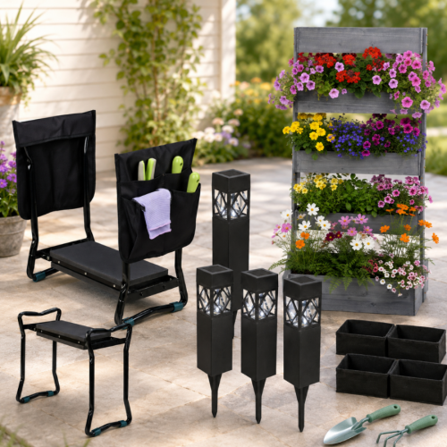 Solar Garden Starter Set (3-Piece) – Solar Path Lights, Tiered Herb Planter & Kneeling Bench