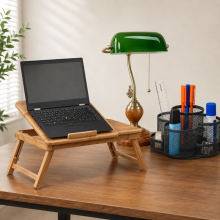 Bureauset voor thuis (3-delig) – Bamboe laptopstandaard, draaibare pennenhouder en retro bankierslamp