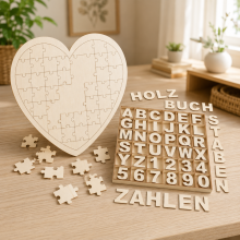 Houten creatieve knutselset voor kinderen (2-delig) – 144-delige puzzel met letters, cijfers en hartjes als gastenboek