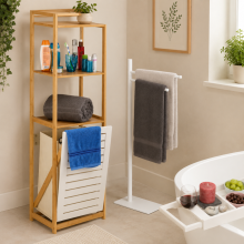 Badkamer-opbergset (3-delig) – Badrek, smal plankje met wasmand en handdoekenrek