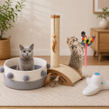 Pluche kattencomfortset (3-delig) – Sisal krabpaal, katoenen kattenmand & vlinderspeeltje