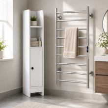 Set met verwarmde badkamerbenodigdheden (2-delig) – Smalle vloerkast & elektrische handdoekverwarmer met 10 stangen