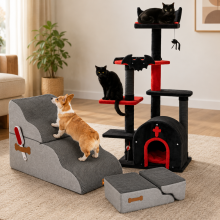 Gothic Cat Comfort-set (2-delig) – 134 cm zwarte krabpaal en ombouwbaar trapbed voor huisdieren