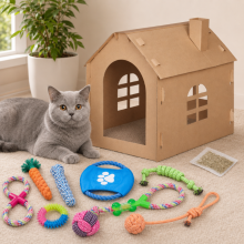 Kit de démarrage pour jeux d'animaux (2 pièces) – Maison-grattoir en carton pour chat et lot de 10 jouets pour chien