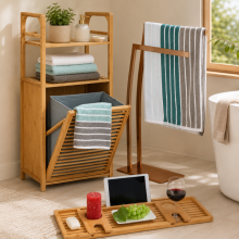 Juego de baño de lujo estilo spa (3 piezas): organizador de baño de bambú, estante para la cesta de la ropa sucia y toallero de acero inoxidable