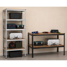 Ensemble d'atelier pour garage (2 pièces) – Étagère de rangement robuste à 5 niveaux et établi en acier à 2 niveaux
