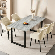 (4pcs BEIGE Chairs+1 White Table) 150cm Wooden Dining Table and Dining Chairs 4 Set Dining Room Chair Marble Effect Table Kitchen Home Office