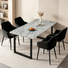 (4pcs BLACK Chairs+1 White Table) 150cm Wooden Dining Table and Dining Chairs 4 Set Dining Room Chair Marble Effect Table Kitchen Home Office