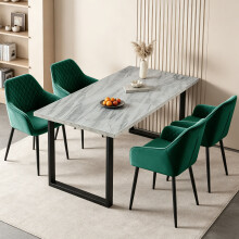 (4pcs GREEN Chairs+1 White Table) 150cm Wooden Dining Table and Dining Chairs 4 Set Dining Room Chair Marble Effect Table Kitchen Home Office