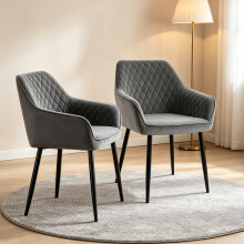 (GREY) 2pcs Dining Chairs Velvet/Suede/Faux leather Padded Seat Sturdy Metal Legs