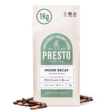 Presto Coffee | Decaffeinated Speciality Coffee Beans 1kg | Light Roast | Chocolatey & Peanuty | Rainforest Alliance Certified 50% Arabica / 50%