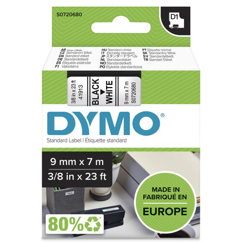 DYMO DYMO Tape D1 Sort på Hvid 9mmx7m, 40913 1