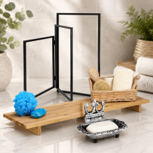 Ensemble de salle de bain en fer et bambou (3 pièces) – Porte-serviettes pliable, panier de bain et porte-savon en fonte