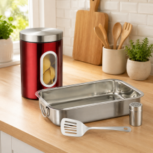 Set de cuisine pour la préparation de lasagnes (2 pièces) – Lot de 3 plaques de cuisson en inox et bocal de conservation transparent