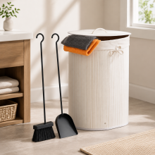 Bamboe schoonmaakset voor de open haard (2-delig) – Ovale wasmand met deksel & asveger