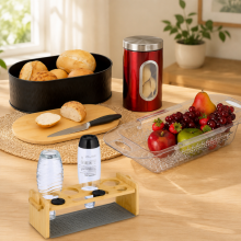 Küchenaufbewahrungsset im Landhausstil (4-teilig) – Brotkasten, Flaschenregal, Spülbecken-Sieb & Vorratsglas