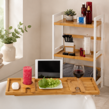 Ensemble de salle de bain en bambou (3 pièces) – Plateau de bain couleur vin, étagère à 4 paniers et porte-savon en bambou