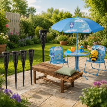Familien-Gartenmöbel-Set (3-teilig) – Kinder-Camping-Set, 2-Sitzer-Bank aus Tannenholz & Solartaschenlampe
