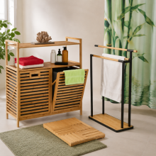Bambus-Sortier-Badezimmer-Set (3-teilig) – Wäscheregal mit 2 Fächern, grüner Duschvorhang und Handtuchhalter mit 2 Stangen