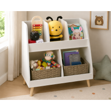Set di contenitori per la cameretta (2 pezzi) – Libreria bianca a 5 ripiani per bambini e set di 3 cestini intrecciati