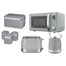 Swan Retro Revive Grey Kitchen Set – Traditonal Stovetop Electric Kettle, 2 Slice Toaster, Digital Microwave, Retro Breadbin & Canisters. Matching