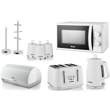Swan Elegance White 1.7L Kettle, 4 Slice Toaster, Breadbin, 3 Canisters, Mug Tree, Kitchen Roll Holder & 700W 20L Microwave SM4420WHT. Contemporary