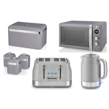 Swan Retro Revive Grey 1.7L 3KW Jug Kettle, 4 Slice Toaster, plus Retro 800W 20L Microwave, Breadbin & Canisters. Matching Vintage Design Kitchen Set