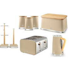 Swan Nordic Oatmeal Kettle, 4 Slice Toaster, Breadbin, Canisters, Mug Tree & Towel Pole. Matching Kitchen Set of 8 with Oatmeal Matt Finish, Stainless