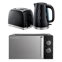 Russell Hobbs Honeycomb Black Kitchen Set, 1.7L 2400W Kettle, 2 Slice Toaster with Dual Browning Levels & 17L 700W Microwave with 5 Power Levels,