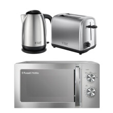 Russell Hobbs Classics Brushed Stainless Steel Kitchen Set, 1.7L 3000W Kettle, 2 Slice Toaster with Variable Browning Levels & 20L 800W Microwave with