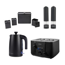 Salter Kuro 8-Piece Countertop & Seasoning Set - Electronic Salt & Pepper Mills, 1.7 Litre 3kW Fast Boil Kettle, 4-Slice Toaster with 7 Browning