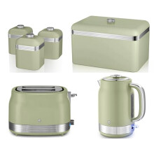 Swan Retro Revive 1.7L 3KW Jug Kettle, 2 Slice Toaster, Retro Breadbin and Canisters. Matching Retro Kitchen Set of 6 in VIntage Green with Chrome