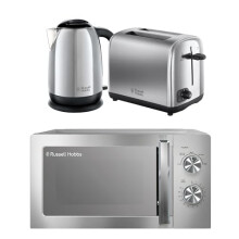 Russell Hobbs Classics Polished Stainless Steel Kitchen Set, 1.7L 3000W Kettle, 2 Slice Toaster with Variable Browning Levels & 20L 800W Microwave